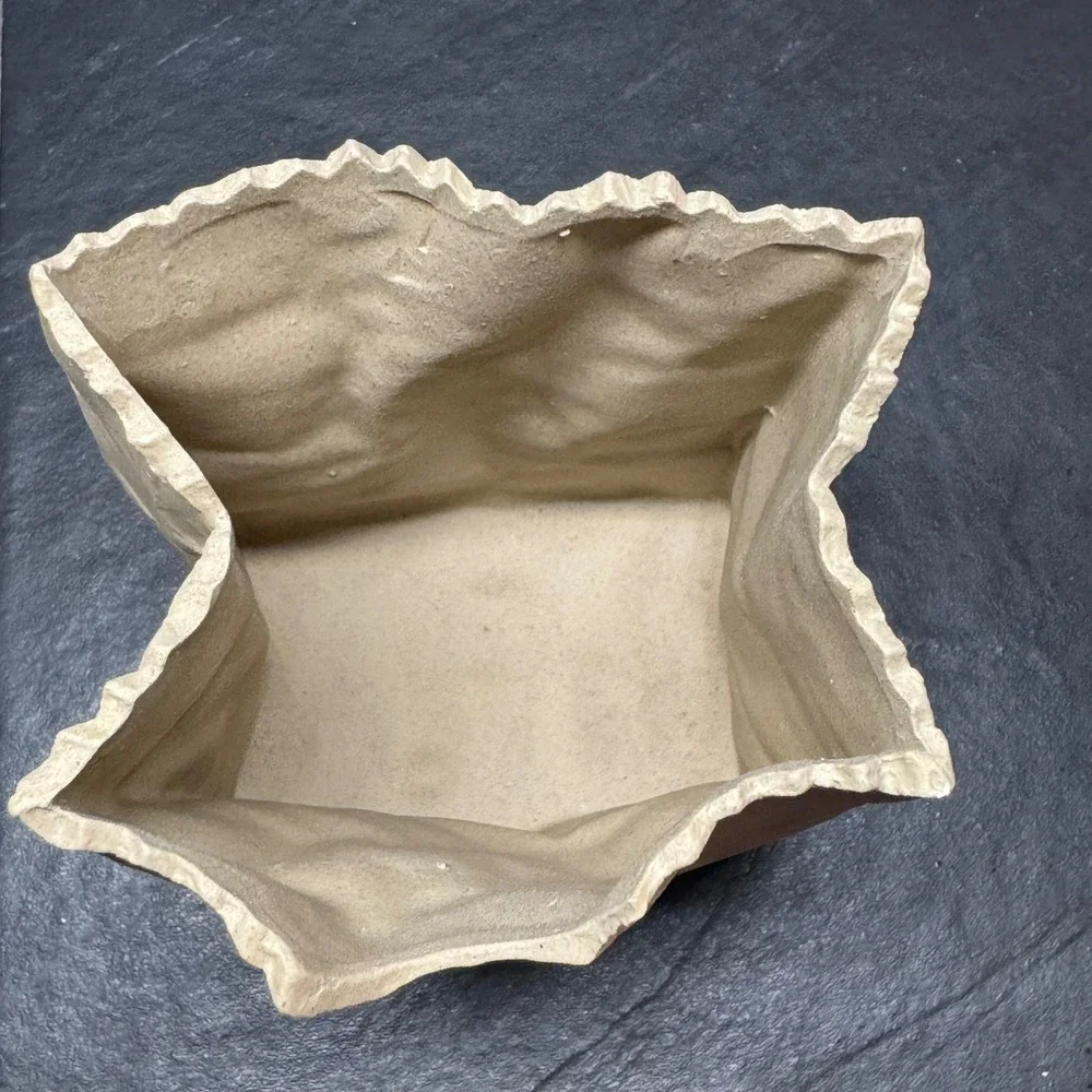 Ceramic Brown Paper‎ Bag Vase Trompe L'oeil Sculptural Planter Tan Decor 6 Inch